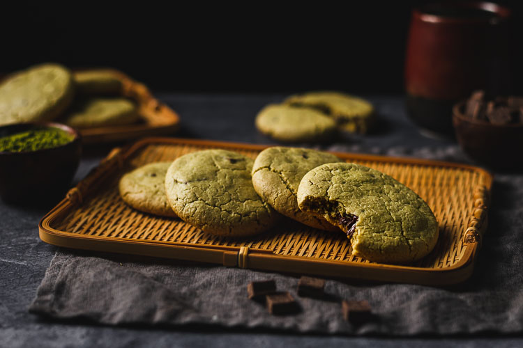 vegan matcha chocolate chunk cookies arranged on a serving tray