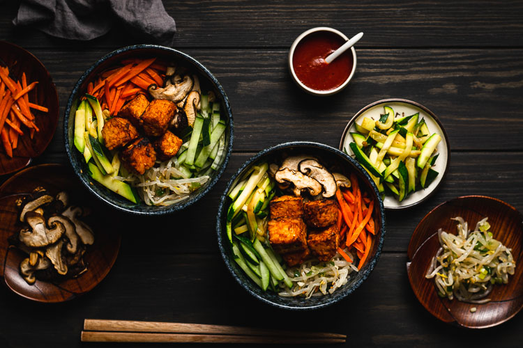 two bowls of bibimbap with tempeh