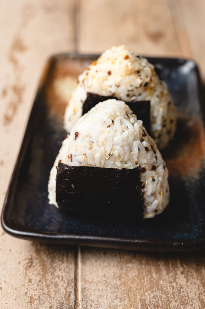 vegan tuna mayo onigiri on a plate