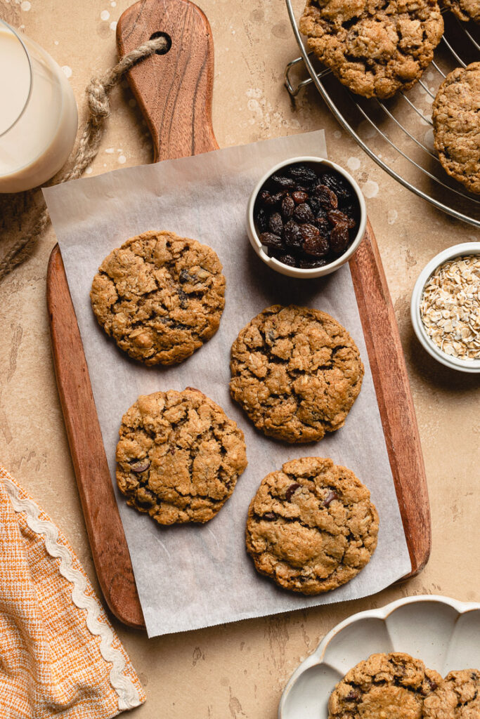 vegan oatmeal raisin cookies on serving board