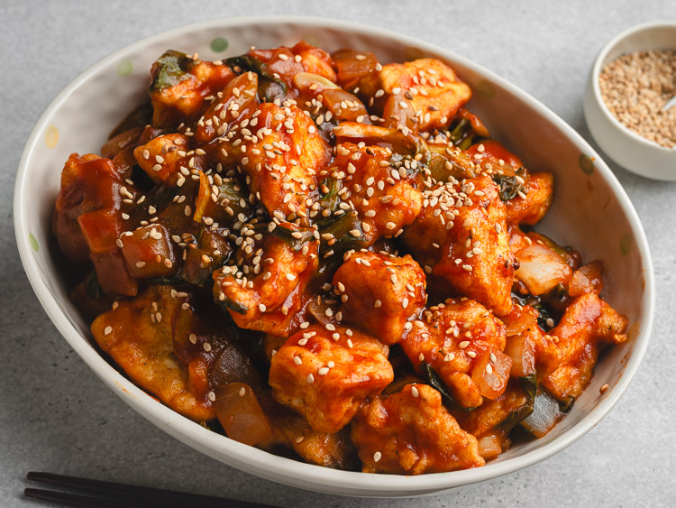 sweet and sour tofu in serving bowl