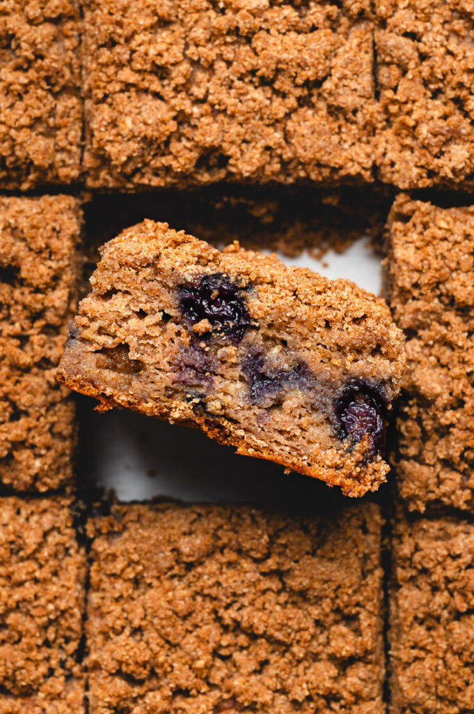 blueberry banana coffee cake slices close up