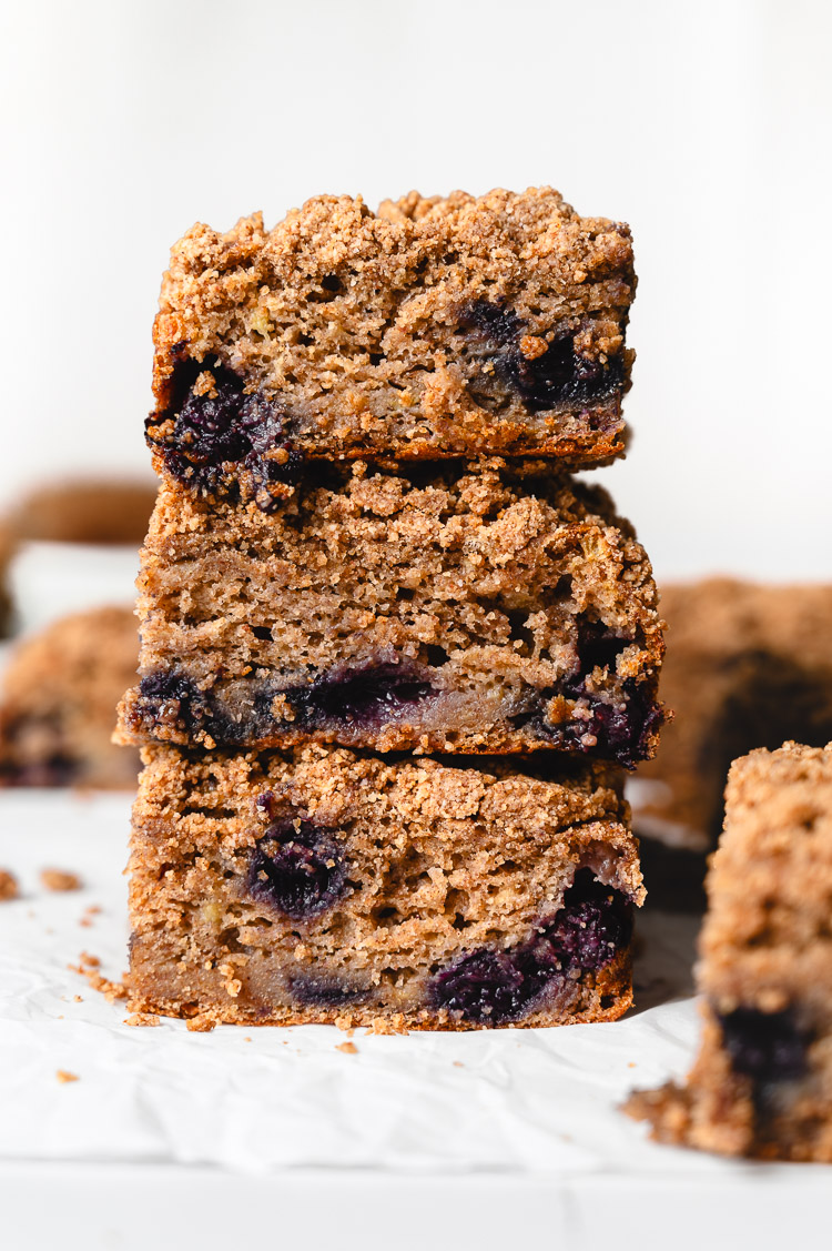 stack of blueberry banana coffee cake