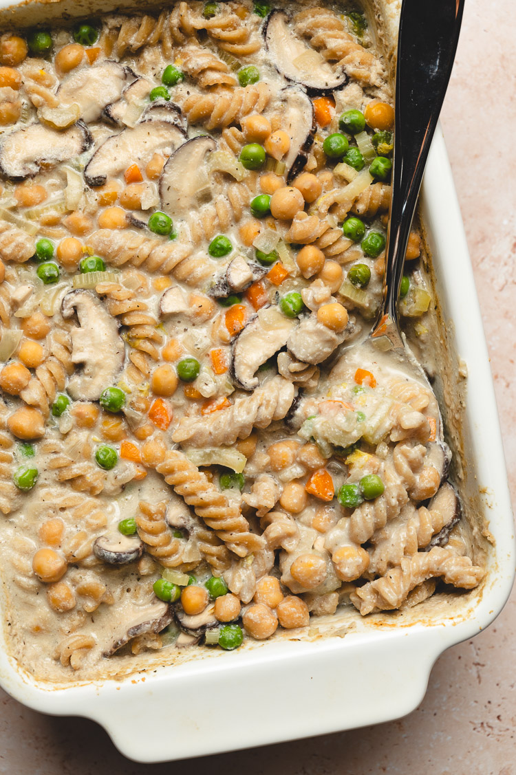 chickpea noodle casserole with serving spoon