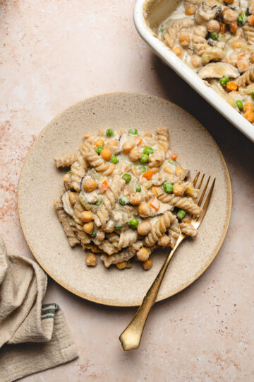 serving of no boil chickpea noodle casserole on a plate with a fork