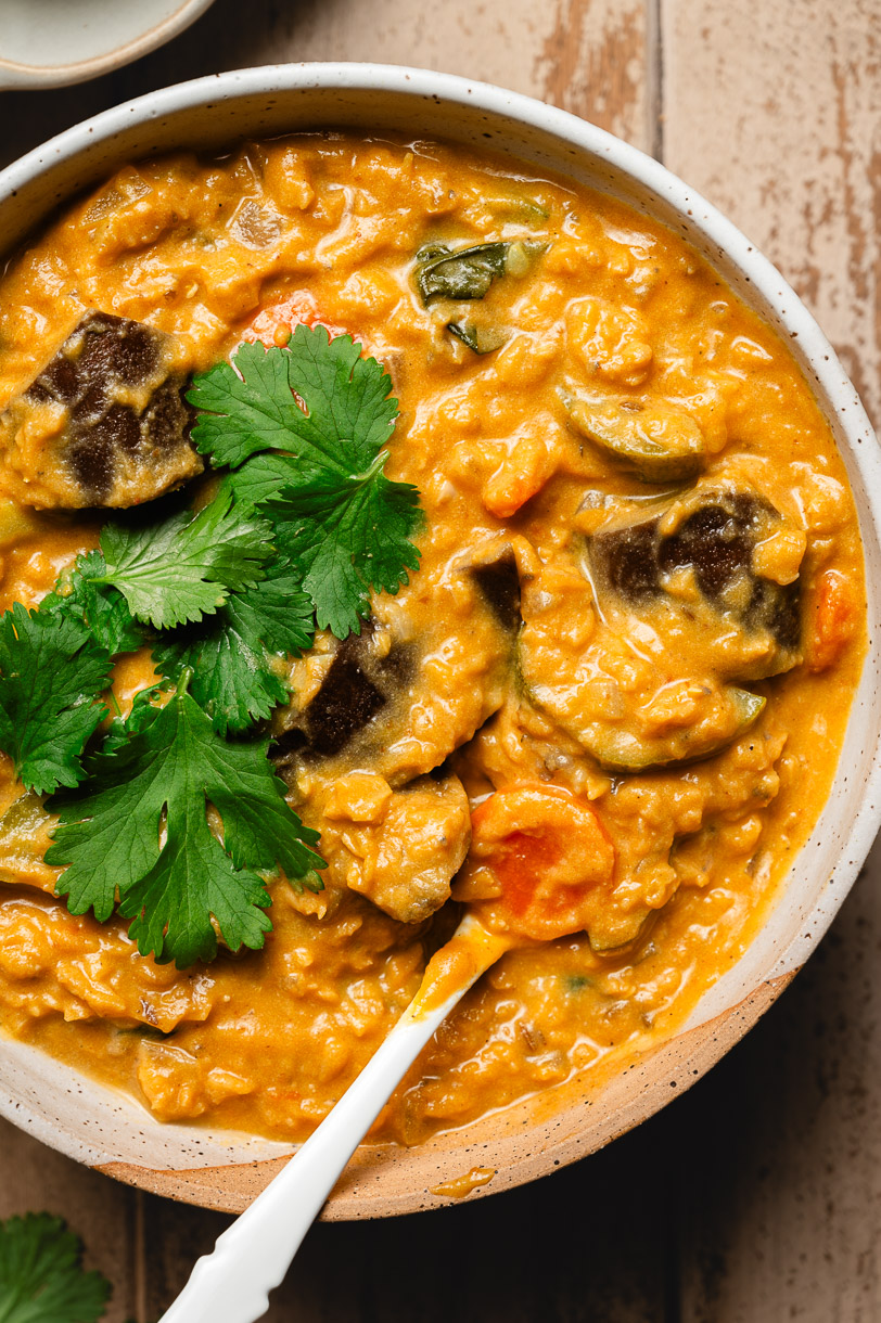 red lentil pumpkin peanut curry in a bowl close up with spoon